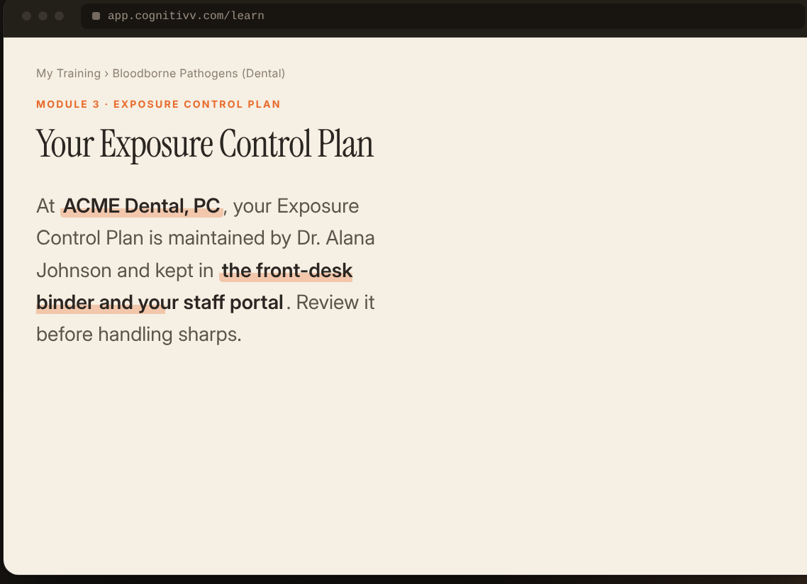 Cognitivv staff training view — a Bloodborne Pathogens module showing ACME Dental's exposure control plan, maintained by Dr. Alana Johnson and kept in the front-desk binder and staff portal